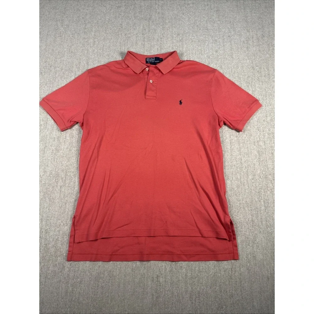 Polo Ralph Lauren Men's M Polo Shirt Coral Pink Navy Pony‎ Short Sleeve Collared